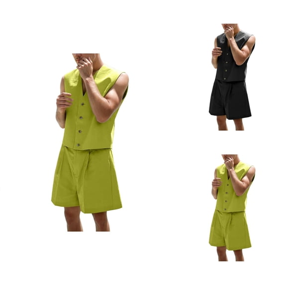 Short Sets for Men Sleeveless V Neck Button Vest and High Waist Wide Leg Shorts 2 Piece Matching Set Mens Summer Outfits