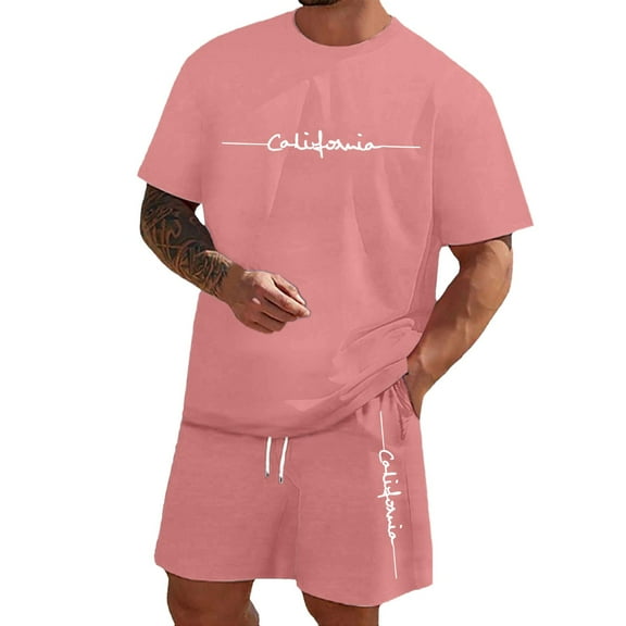 Short Sets for Men Summer Casual 2 Piece Drop Shoulder Letter Print T-Shirt And Shorts Set Fashion Lightweight Sweat Suit (Watermelon Red,XL)