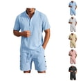 thumbnail image 1 of Short Sets for Men Summer Cotton Linen Relaxed Fit Short Sleeve Stand Collar T Shirt and Shorts 2 Piece Matching Set, 1 of 5