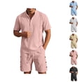 thumbnail image 1 of Short Sets for Men Summer Cotton Linen Relaxed Fit Short Sleeve Stand Collar T Shirt and Shorts 2 Piece Matching Set, 1 of 5