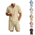 thumbnail image 1 of Short Sets for Men Summer Cotton Linen Relaxed Fit Short Sleeve Stand Collar T Shirt and Shorts 2 Piece Matching Set, 1 of 4