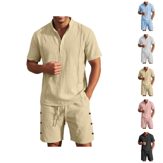 Short Sets for Men Summer Cotton Linen Relaxed Fit Short Sleeve Stand Collar T Shirt and Shorts 2 Piece Matching Set