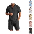 thumbnail image 1 of Short Sets for Men Summer Cotton Linen Relaxed Fit Short Sleeve Stand Collar T Shirt and Shorts 2 Piece Matching Set, 1 of 5