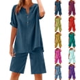 thumbnail image 1 of Short Sets for Women 2 Peice Outfits Short Sleeve Cotton Linen Shirts Matching Wide Leg Shorts Comfy Breathable Summer Outfits, S, 1 of 7
