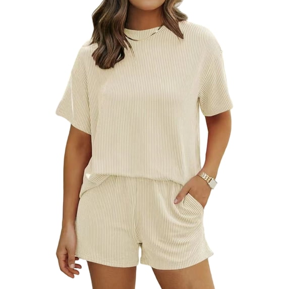 Short Sets for Women 2 Piece Lounge Set Loose Fit Short Sleeve Tops and Shorts Summer Matching Set Cream White XXL