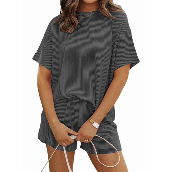 Short Sets for Women 2 Piece Lounge Set Loose Fit Short Sleeve Tops and Shorts Summer Matching Set Dark Gray S