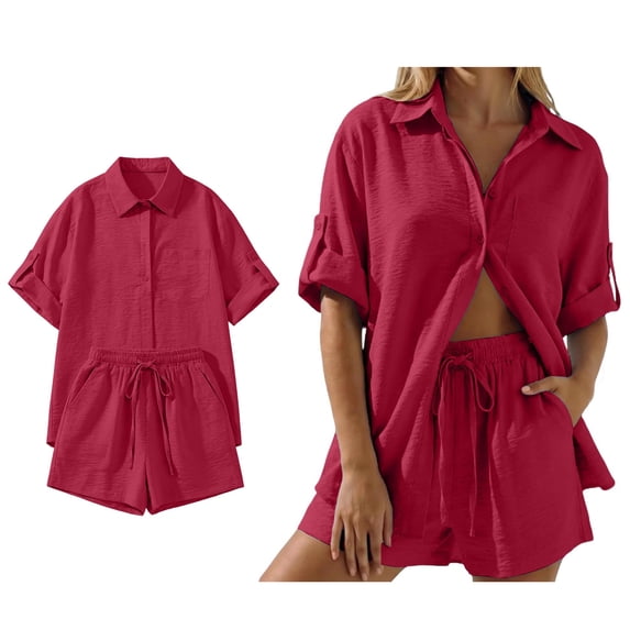 Short Sets for Women 2 Piece Outfit Button Down Shirt Casual Loose Shorts Womens Summer Clothes Athletic Sets for Women