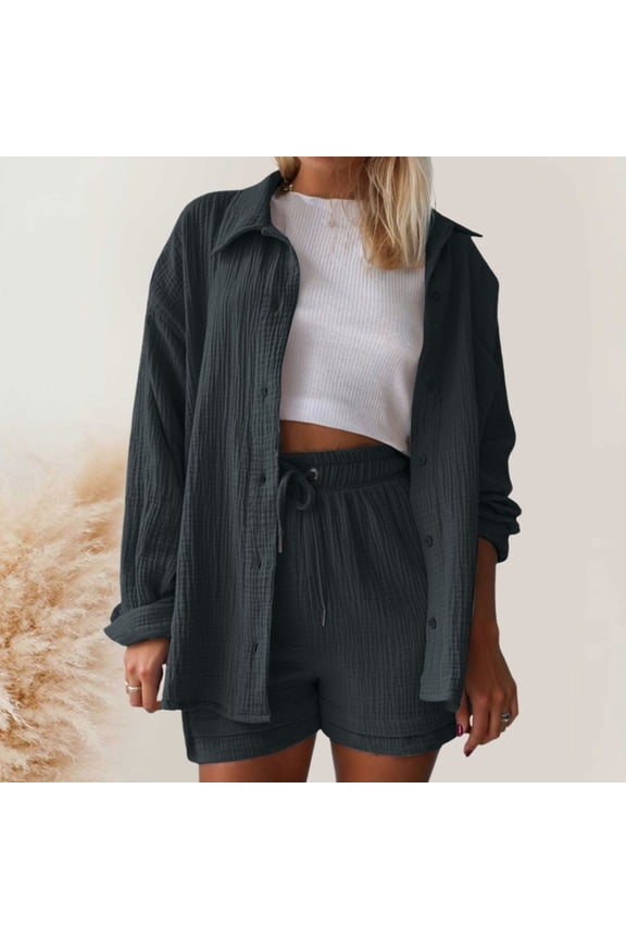 Short Sets for Women 2 Piece Outfits Sets Button Down Shirt Casual Loose Shorts Womens Summer Outfits Biker Short Set