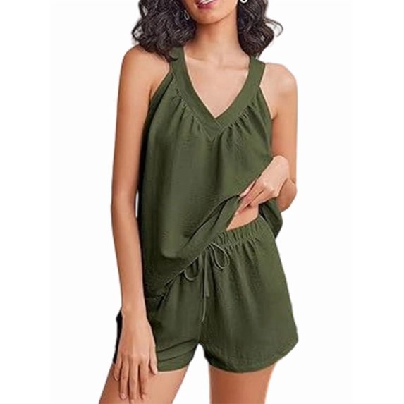 Short Sets for Women 2 Piece Outfits V Neck Top Drawstring High Shorts Sets Dark Green S
