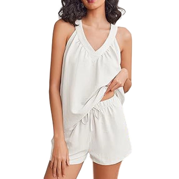 Short Sets for Women 2 Piece Outfits V Neck Top Drawstring High Shorts Sets White L