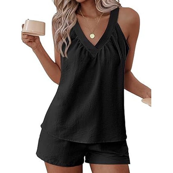 Short Sets for Women 2 Piece Outfits V Neck Top Drawstring High Shorts Sets