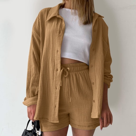 Short Sets for Women 2 Piece Outfits for Women Button Down Shirt Casual Loose Shorts Womens Spring Outfits Sets for Women