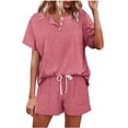 thumbnail image 1 of Short Sets for Women 2 Piece Outfits with Button Up Crew Neck Tops and Drawstring Wide Leg Shorts Relaxed Solid Color Loungewear Set, 1 of 5