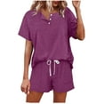 thumbnail image 1 of Short Sets for Women 2 Piece Outfits with Button Up Crew Neck Tops and Drawstring Wide Leg Shorts Relaxed Solid Color Loungewear Set, 1 of 5