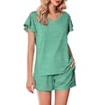 thumbnail image 1 of Short Sets for Women 2 Piece Summer Vacation V-Neck Ruffle Sleeve Pajamas Comfortable Soft Plus Size Outfits Yoga Activewear Walking Tops Green XXXL, 1 of 9