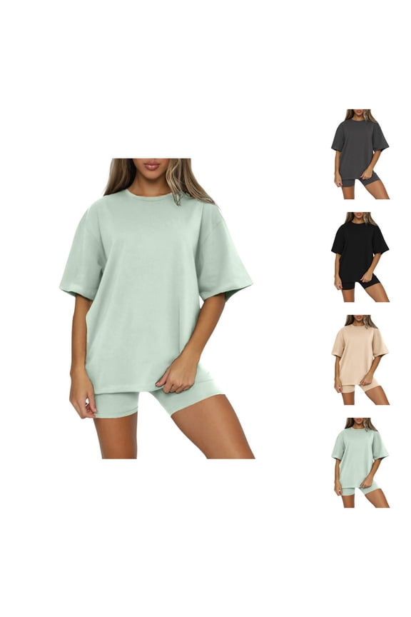 Short Sets for Women Basic Plain Short Sleeve Crewneck T Shirt and Shorts 2 Piece Matching Set Womens Lounge Set