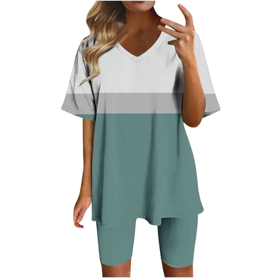 Short Sets for Women Casual Loose V-Neck Tops Slim Fit Skinny Biker Shorts Two Piece Going Out Outfits Basic Comfort Color Block Workout Loungewear Set