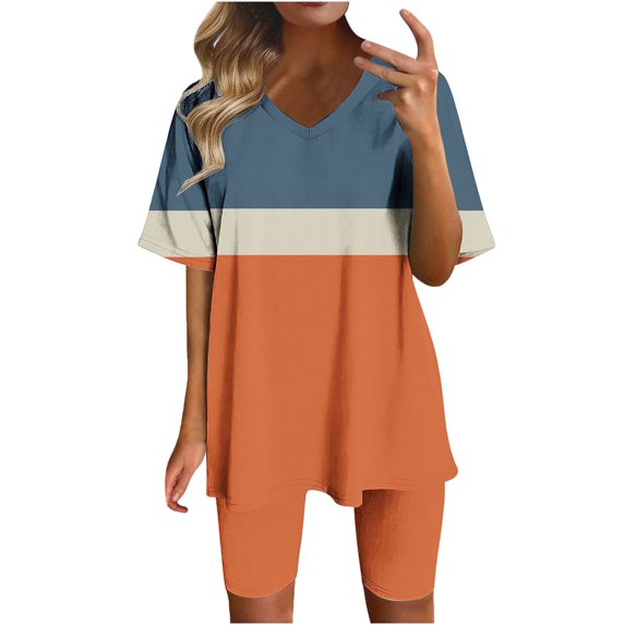 Short Sets for Women Casual Loose V-Neck Tops Slim Fit Skinny Biker Shorts Two Piece Going Out Outfits Basic Comfort Color Block Workout Loungewear Set