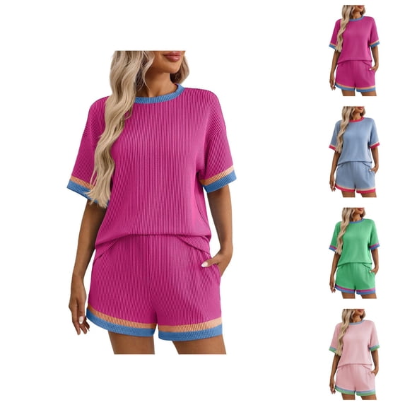 Short Sets for Women Color Block Short Sleeve Crewneck T Shirt and Shorts 2 Piece Matching Set Womens Lounge Set