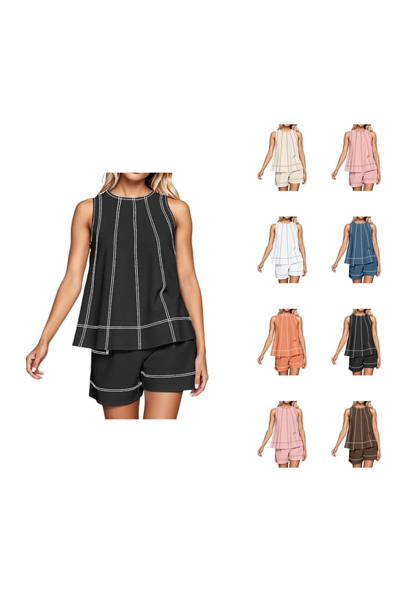 Short Sets for Women Cotton Linen Loose Fit Sleeveless Crewneck Tank Top and Shorts 2 Piece Matching Set Lounge Set