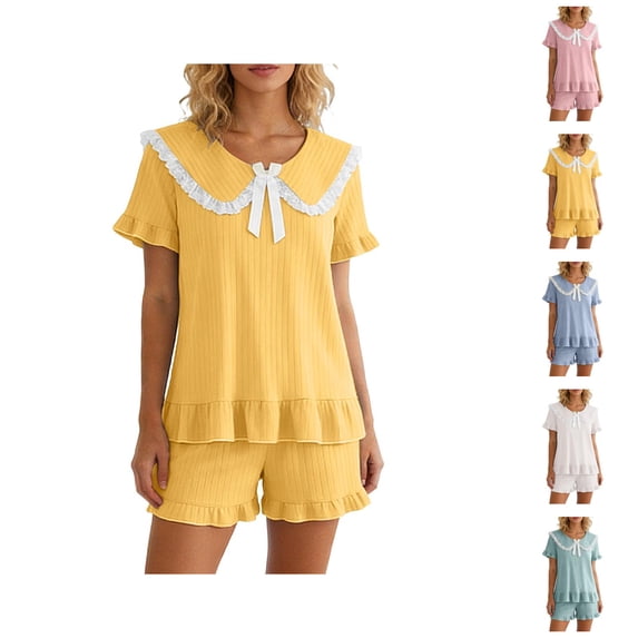 Short Sets for Women Cute Ruffle Hem Short Sleeve Peter Pan Collar T Shirt and Shorts 2 Piece Matching Set Loungewear