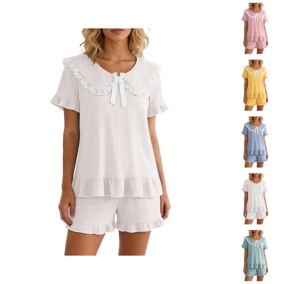 Short Sets for Women Cute Ruffle Hem Short Sleeve Peter Pan Collar T Shirt and Shorts 2 Piece Matching Set Loungewear