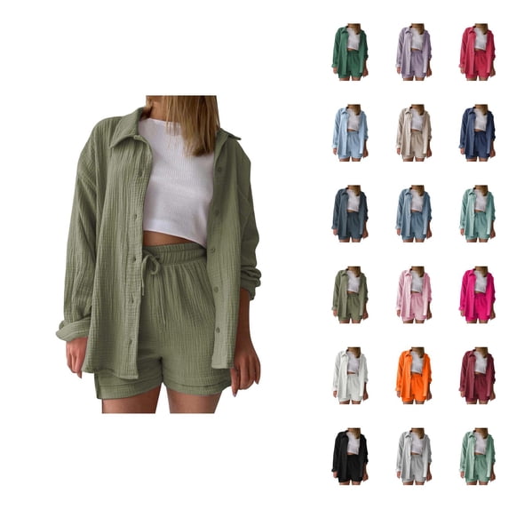 Short Sets for Women Long Sleeve Button Down Collared Shirt and High Waisted Shorts 2 Piece Matching Set Beach Vacation Set