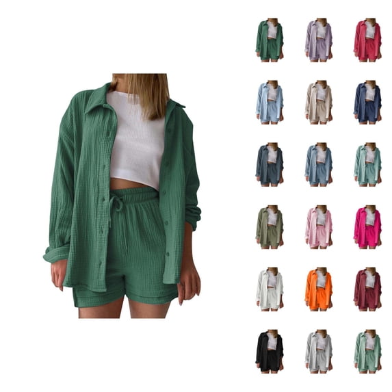 Short Sets for Women Long Sleeve Button Down Collared Shirt and High Waisted Shorts 2 Piece Matching Set Beach Vacation Set