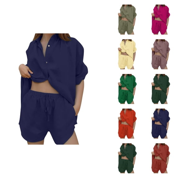 Short Sets for Women Loose Fit Cotton Linen Short Sleeve Button Down Collared Shirt and Wide Leg Shorts 2 Piece Matching Set