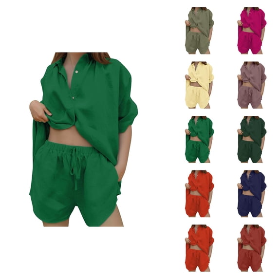 Short Sets for Women Loose Fit Cotton Linen Short Sleeve Button Down Collared Shirt and Wide Leg Shorts 2 Piece Matching Set