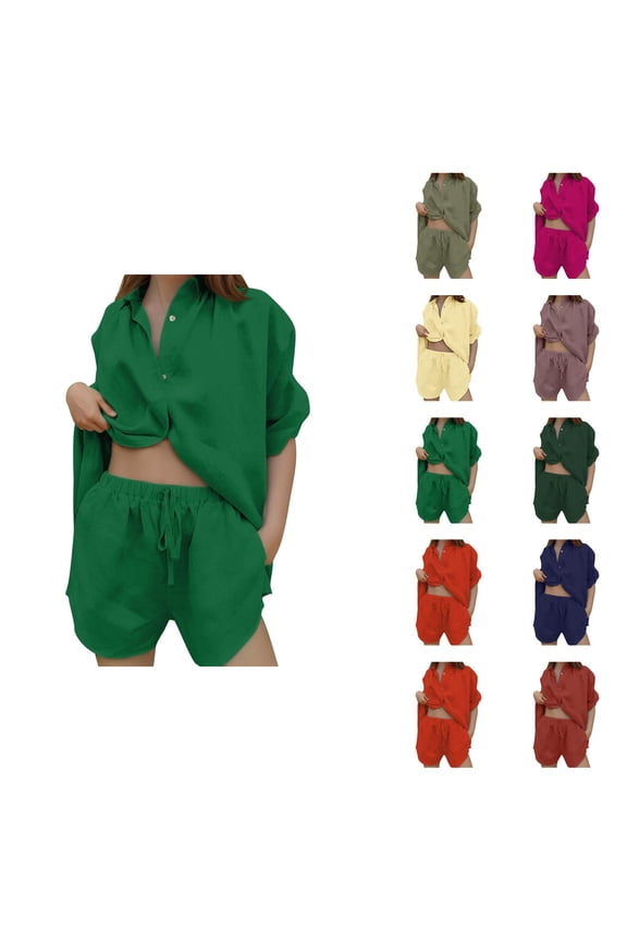 Short Sets for Women Loose Fit Cotton Linen Short Sleeve Button Down Collared Shirt and Wide Leg Shorts 2 Piece Matching Set