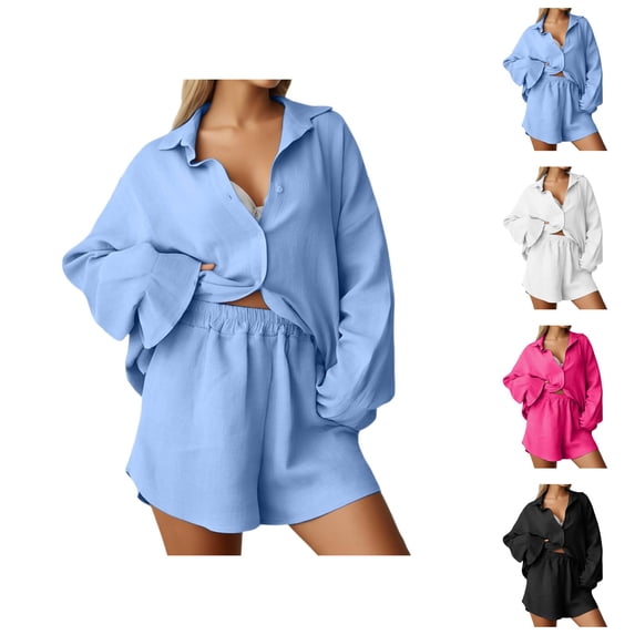 Short Sets for Women Loose Fit Long Sleeve Button Down Collared Shirt and Shorts 2 Piece Matching Set Womens Lounge Set