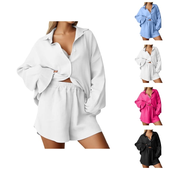 Short Sets for Women Loose Fit Long Sleeve Button Down Collared Shirt and Shorts 2 Piece Matching Set Womens Lounge Set