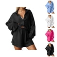 thumbnail image 1 of Short Sets for Women Loose Fit Long Sleeve Button Down Collared Shirt and Shorts 2 Piece Matching Set Womens Lounge Set, 1 of 6