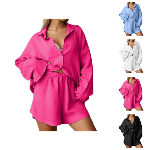 Short Sets for Women Loose Fit Long Sleeve Button Down Collared Shirt and Shorts 2 Piece Matching Set Womens Lounge Set