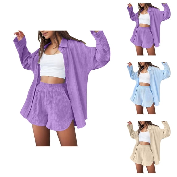Short Sets for Women Loose Fit Long Sleeve Button Down Collared Shirt and Shorts 2 Piece Matching Set Work Sets