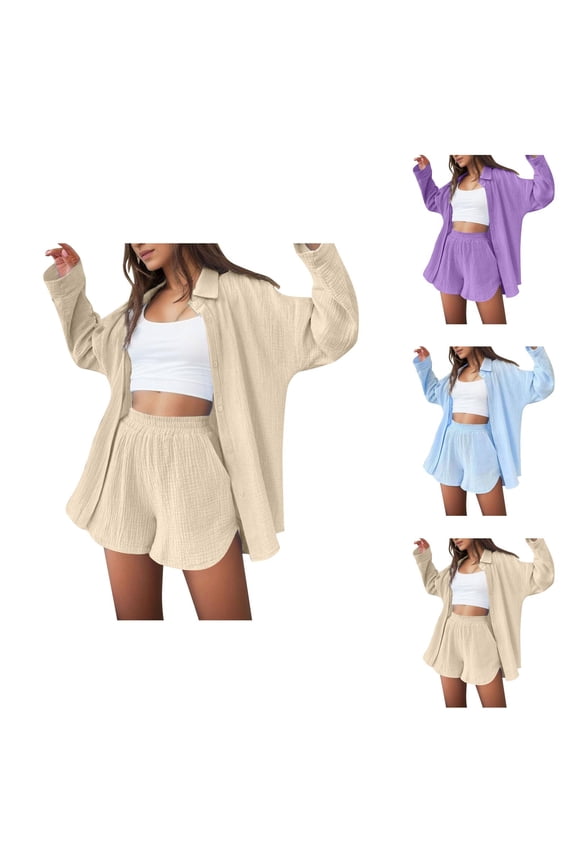 Short Sets for Women Loose Fit Long Sleeve Button Down Collared Shirt and Shorts 2 Piece Matching Set Work Sets