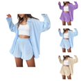thumbnail image 1 of Short Sets for Women Loose Fit Long Sleeve Button Down Collared Shirt and Shorts 2 Piece Matching Set Work Sets, 1 of 8