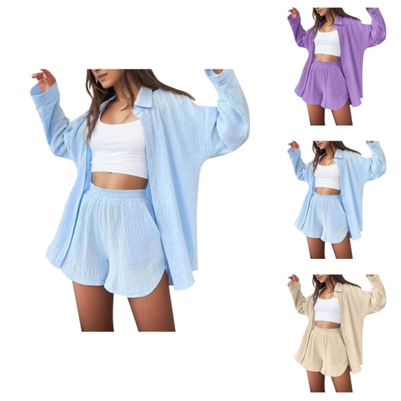 Short Sets for Women Loose Fit Long Sleeve Button Down Collared Shirt and Shorts 2 Piece Matching Set Work Sets