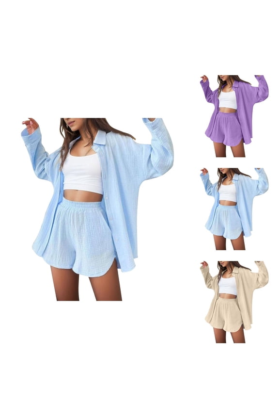 Short Sets for Women Loose Fit Long Sleeve Button Down Collared Shirt and Shorts 2 Piece Matching Set Work Sets