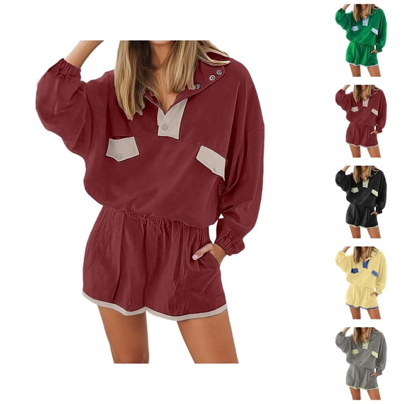 Short Sets for Women Loose Fit Long Sleeve Color Block Stand Collar Shirt and Shorts 2 Piece Matching Set Streetwear