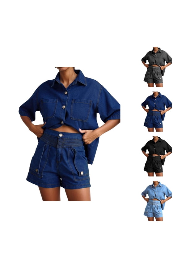 Short Sets for Women Loose Fit Short Sleeve Button Collared Denim Shirt and Shorts 2 Piece Matching Set Streetwear