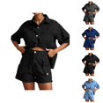 thumbnail image 1 of Short Sets for Women Loose Fit Short Sleeve Button Collared Denim Shirt and Shorts 2 Piece Matching Set Streetwear, 1 of 9