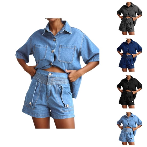 Short Sets for Women Loose Fit Short Sleeve Button Collared Denim Shirt and Shorts 2 Piece Matching Set Streetwear