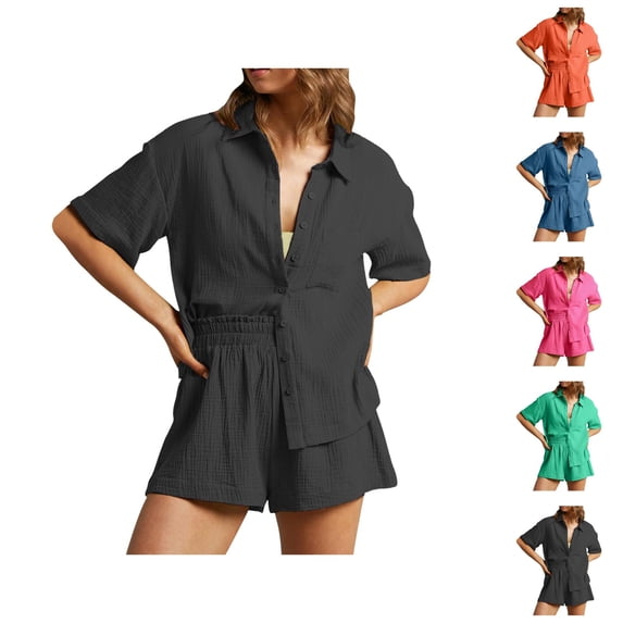 Short Sets for Women Loose Fit Short Sleeve Button Down Collared Shirt and Shorts 2 Piece Matching Set Beach Vacation Sets