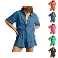 thumbnail image 1 of Short Sets for Women Loose Fit Short Sleeve Button Down Collared Shirt and Shorts 2 Piece Matching Set Beach Vacation Sets, 1 of 9