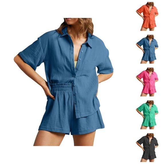 Short Sets for Women Loose Fit Short Sleeve Button Down Collared Shirt and Shorts 2 Piece Matching Set Beach Vacation Sets