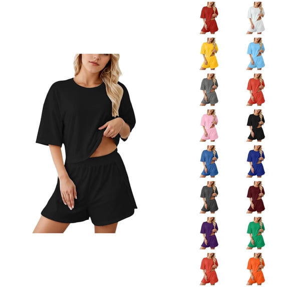 Short Sets for Women Loose Fit Short Sleeve Crewneck T Shirt and Shorts 2 Piece Matching Set Womens Lounge Set