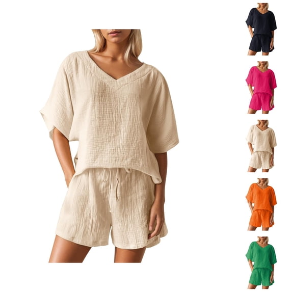 Short Sets for Women Loose Fit Short Sleeve V Neck T Shirt and Shorts 2 Piece Matching Set Womens Lounge Set