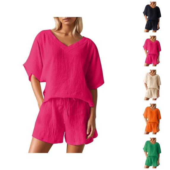 Short Sets for Women Loose Fit Short Sleeve V Neck T Shirt and Shorts 2 Piece Matching Set Womens Lounge Set